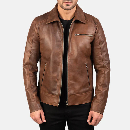 "Lavendard Brown Leather Biker Jacket made from real leather with a classic collar and zippered design."