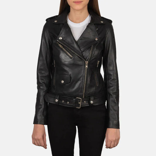 Alison Black Leather Biker Jacket featuring premium real leather, notch collar, zippered cuffs, removable belt, and multiple pockets for a stylish, edgy look.