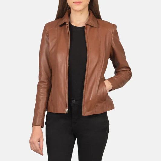 Colette Brown Leather Jacket displayed on a model, showcasing its real leather texture, tailored fit, and stylish collar—perfect for men and women in 2025 fashion.