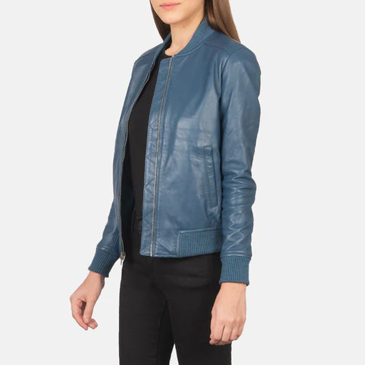 Blue Leather Bomber Jacket