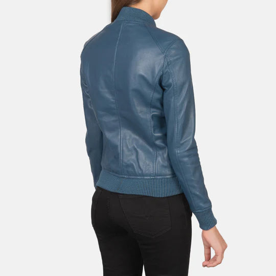 Blue Leather Bomber Jacket