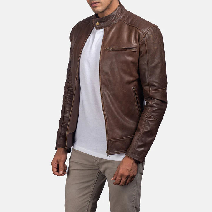 "Dean Brown Leather Biker Jacket by MordenJacket – a classic biker jacket in rich brown leather, featuring a vintage-inspired design with asymmetrical zippers, notch lapels, and a strong, masculine silhouette for timeless rebel style."