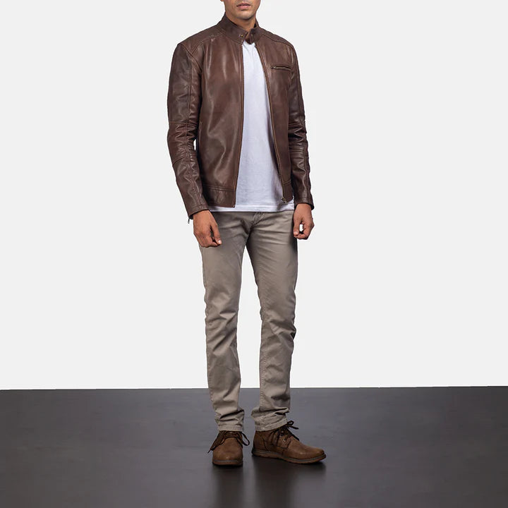 "Dean Brown Leather Biker Jacket by MordenJacket – a classic biker jacket in rich brown leather, featuring a vintage-inspired design with asymmetrical zippers, notch lapels, and a strong, masculine silhouette for timeless rebel style."