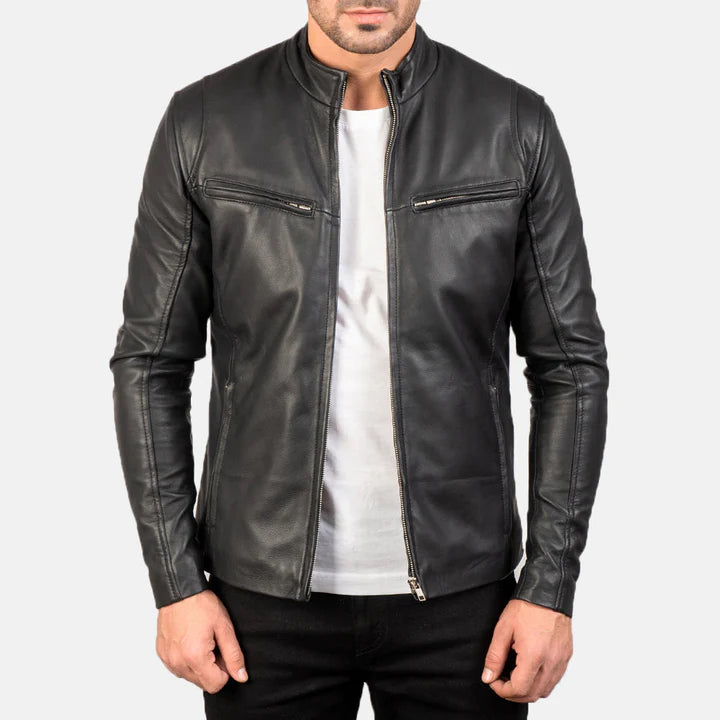 "Ionic Black Leather Jacket by MordenJacket – a modern black leather jacket with a minimalist design, tailored fit, smooth finish, and subtle detailing, perfect for a clean, contemporary style statement."
open jacket front pose