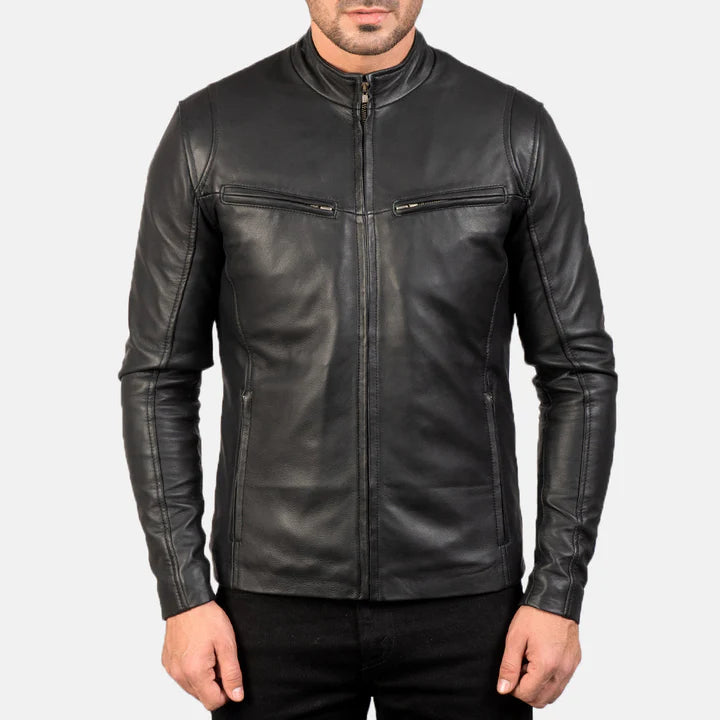 "Ionic Black Leather Jacket by MordenJacket – a modern black leather jacket with a minimalist design, tailored fit, smooth finish, and subtle detailing, perfect for a clean, contemporary style statement."
front pose