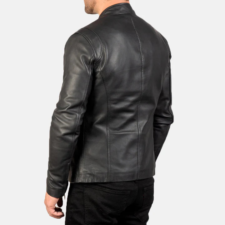 "Ionic Black Leather Jacket by MordenJacket – a modern black leather jacket with a minimalist design, tailored fit, smooth finish, and subtle detailing, perfect for a clean, contemporary style statement."
back pose