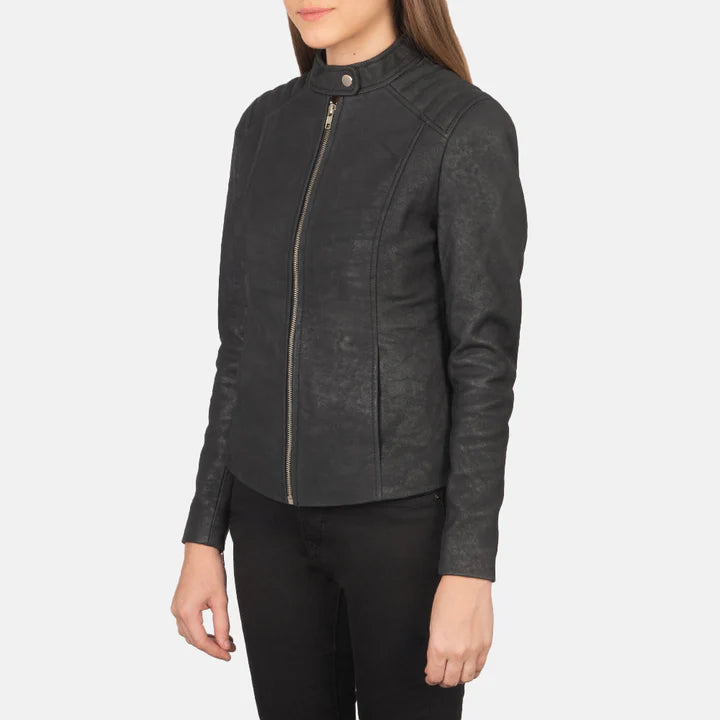 "Kelsee Distressed Black Leather Biker Jacket by MordenJacket – a rugged black leather jacket with a weathered, vintage finish, featuring classic biker details like asymmetrical zippers, snap lapels, and a rebellious attitude."
side pose