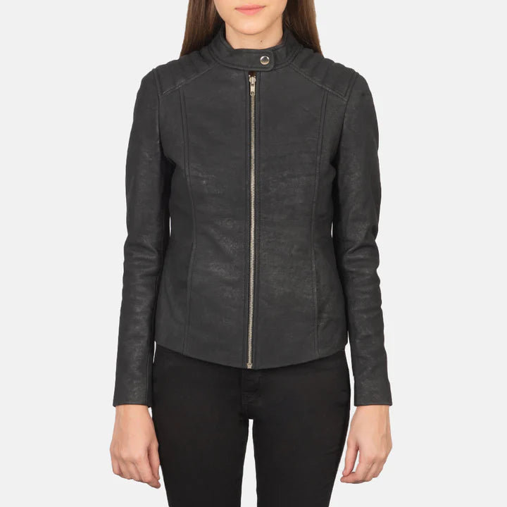 "Kelsee Distressed Black Leather Biker Jacket by MordenJacket – a rugged black leather jacket with a weathered, vintage finish, featuring classic biker details like asymmetrical zippers, snap lapels, and a rebellious attitude."
fron pose