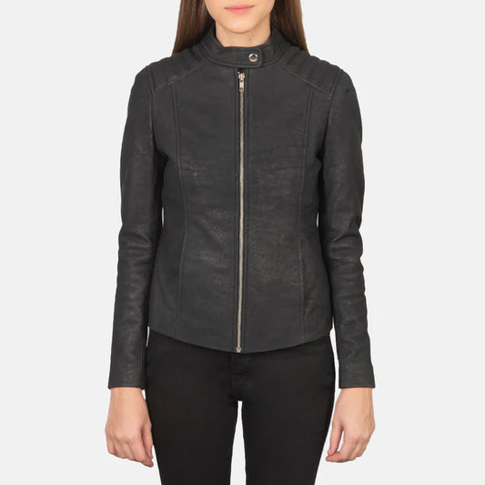"Kelsee Distressed Black Leather Biker Jacket by MordenJacket – a rugged black leather jacket with a weathered, vintage finish, featuring classic biker details like asymmetrical zippers, snap lapels, and a rebellious attitude."
fron pose