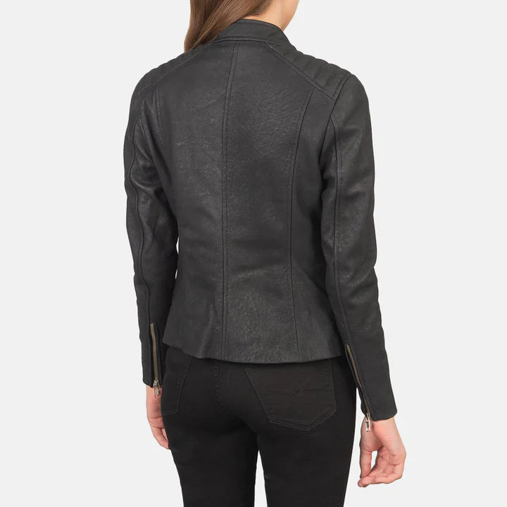 "Kelsee Distressed Black Leather Biker Jacket by MordenJacket – a rugged black leather jacket with a weathered, vintage finish, featuring classic biker details like asymmetrical zippers, snap lapels, and a rebellious attitude."
back pose