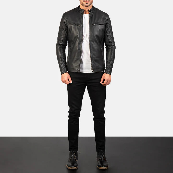 "Ionic Black Leather Jacket by MordenJacket – a modern black leather jacket with a minimalist design, tailored fit, smooth finish, and subtle detailing, perfect for a clean, contemporary style statement."