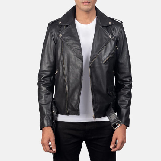 "Allaric Alley Black Leather Biker Jacket by MordenJacket – a bold, edgy biker jacket made from high-quality black leather, designed with asymmetrical zippers, quilted shoulders, and a fitted cut for a rebellious, street-smart look."
front zoom pose