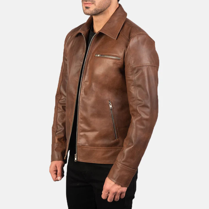 "Lavendard Brown Leather Biker Jacket by MordenJacket – a rugged yet refined biker jacket in rich brown leather, featuring asymmetrical zippers, classic lapels, and a slim, moto-inspired silhouette for a bold, timeless edge."
side pose