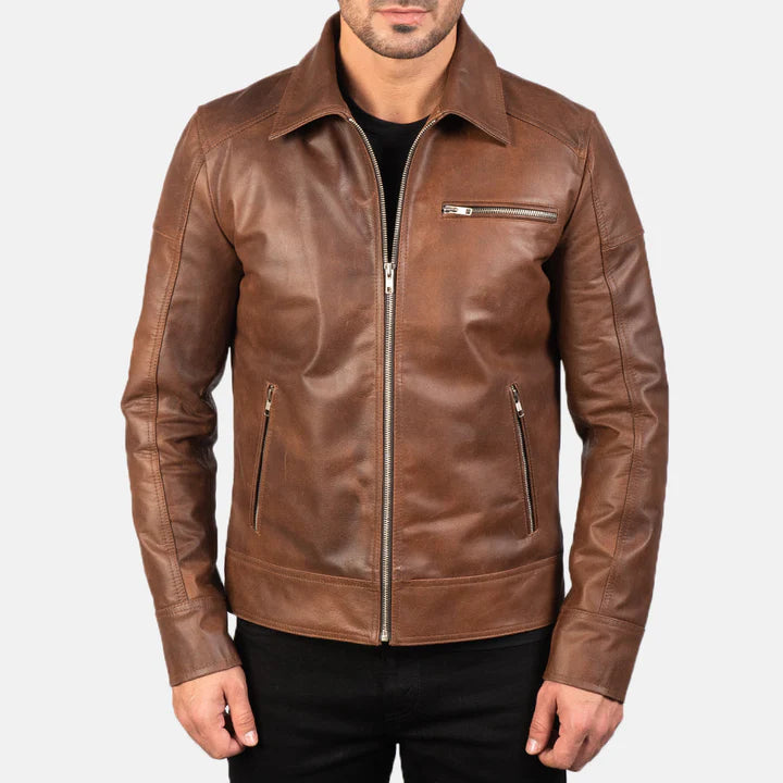 "Lavendard Brown Leather Biker Jacket by MordenJacket – a rugged yet refined biker jacket in rich brown leather, featuring asymmetrical zippers, classic lapels, and a slim, moto-inspired silhouette for a bold, timeless edge."
front pose