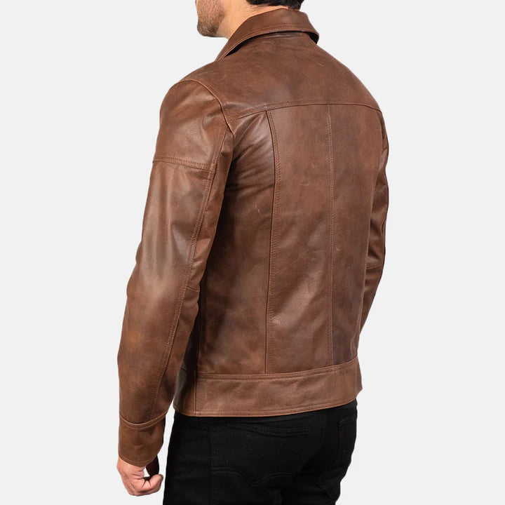 "Lavendard Brown Leather Biker Jacket by MordenJacket – a rugged yet refined biker jacket in rich brown leather, featuring asymmetrical zippers, classic lapels, and a slim, moto-inspired silhouette for a bold, timeless edge."
back pose