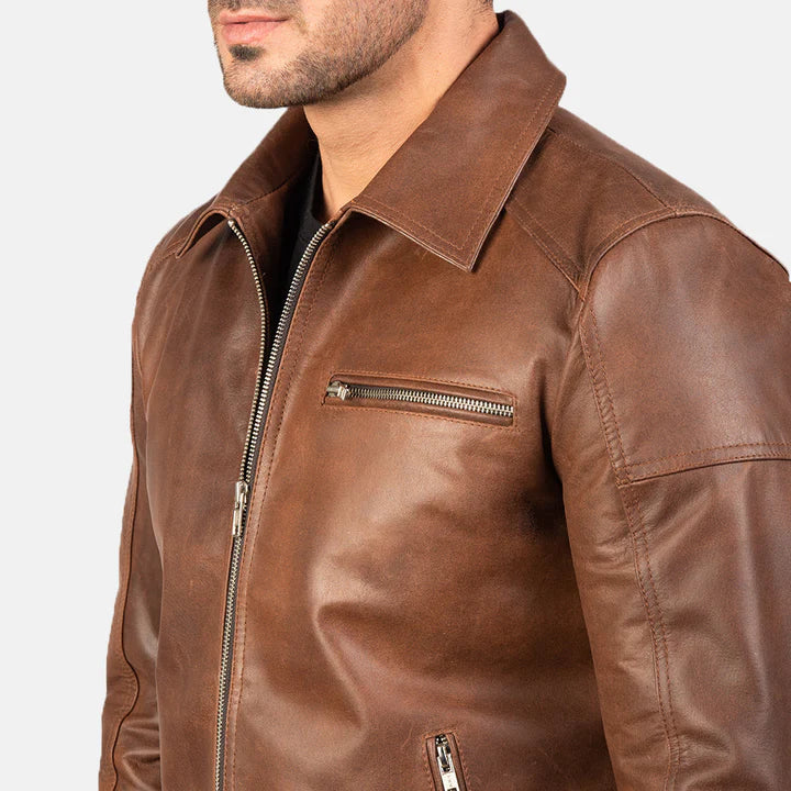 "Lavendard Brown Leather Biker Jacket by MordenJacket – a rugged yet refined biker jacket in rich brown leather, featuring asymmetrical zippers, classic lapels, and a slim, moto-inspired silhouette for a bold, timeless edge."
sholder pose