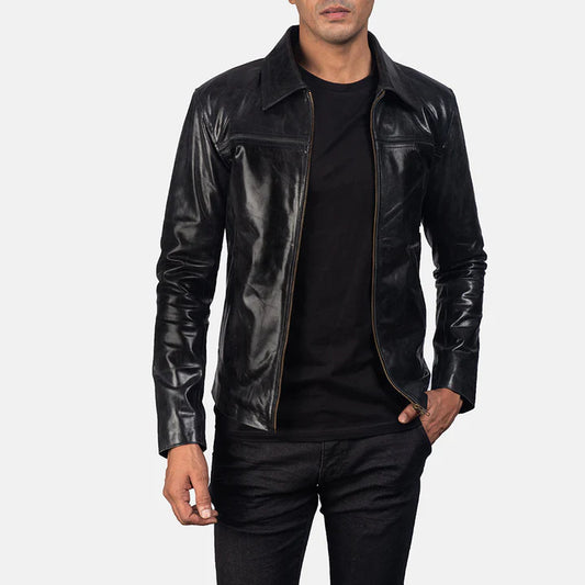 "Mystical Black Leather Jacket by MordenJacket – a sleek, modern black leather jacket featuring a tailored fit, premium stitching, and a bold, mysterious vibe perfect for edgy streetwear or elevated casual style."
front zoom  pose