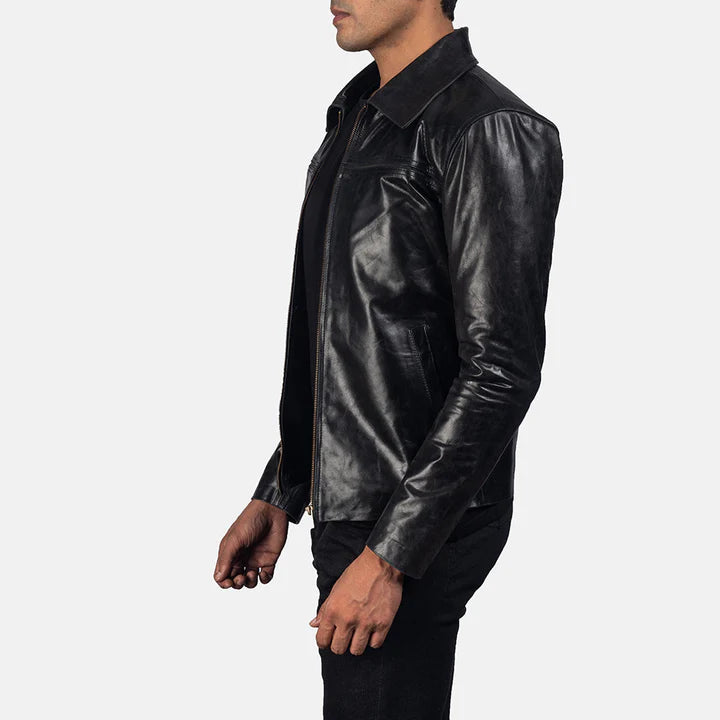 "Mystical Black Leather Jacket by MordenJacket – a sleek, modern black leather jacket featuring a tailored fit, premium stitching, and a bold, mysterious vibe perfect for edgy streetwear or elevated casual style."
side pose