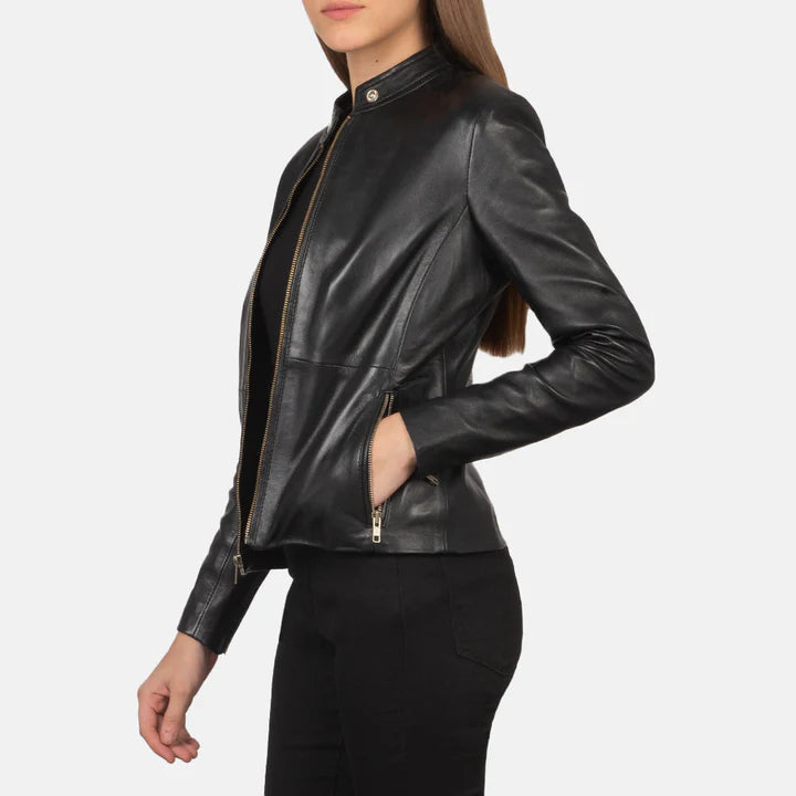 "Rave Black Leather Jacket by MordenJacket – a striking black leather jacket with a modern edge, featuring clean lines, a tailored fit, and subtle detailing that brings confident, contemporary style to any outfit."
right side pose