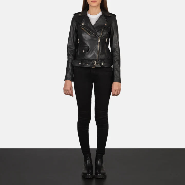 "Alison Black Leather Biker Jacket by MordenJacket – a sleek and modern biker jacket crafted from smooth black leather, featuring an asymmetrical front zip, snap lapels, and a flattering tailored fit for a confident, edgy look."
