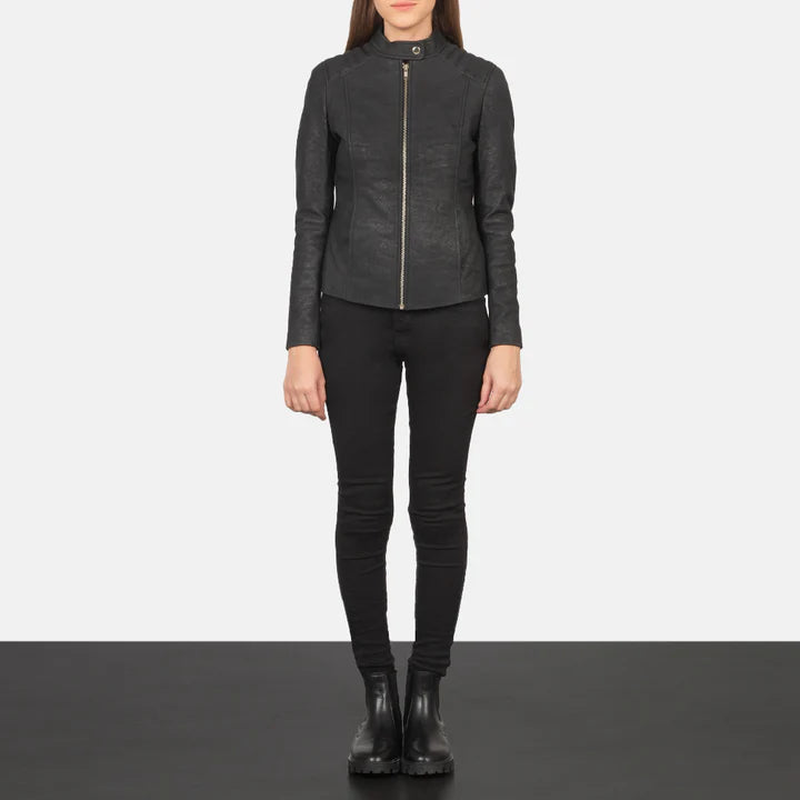 "Kelsee Distressed Black Leather Biker Jacket by MordenJacket – a rugged black leather jacket with a weathered, vintage finish, featuring classic biker details like asymmetrical zippers, snap lapels, and a rebellious attitude."