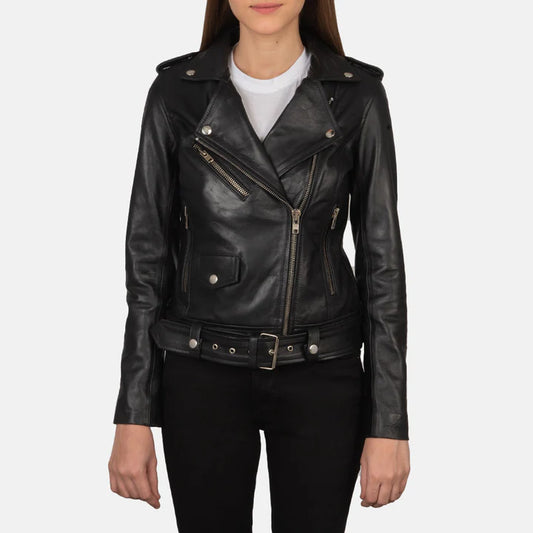 "Alison Black Leather Biker Jacket by MordenJacket – a sleek and modern biker jacket crafted from smooth black leather, featuring an asymmetrical front zip, snap lapels, and a flattering tailored fit for a confident, edgy look."
front pose