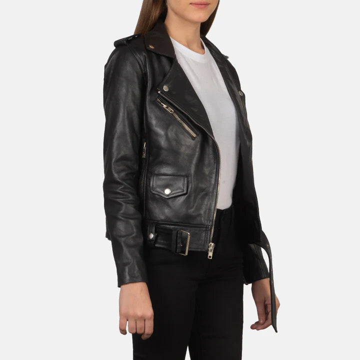 "Alison Black Leather Biker Jacket by MordenJacket – a sleek and modern biker jacket crafted from smooth black leather, featuring an asymmetrical front zip, snap lapels, and a flattering tailored fit for a confident, edgy look."
right side pose