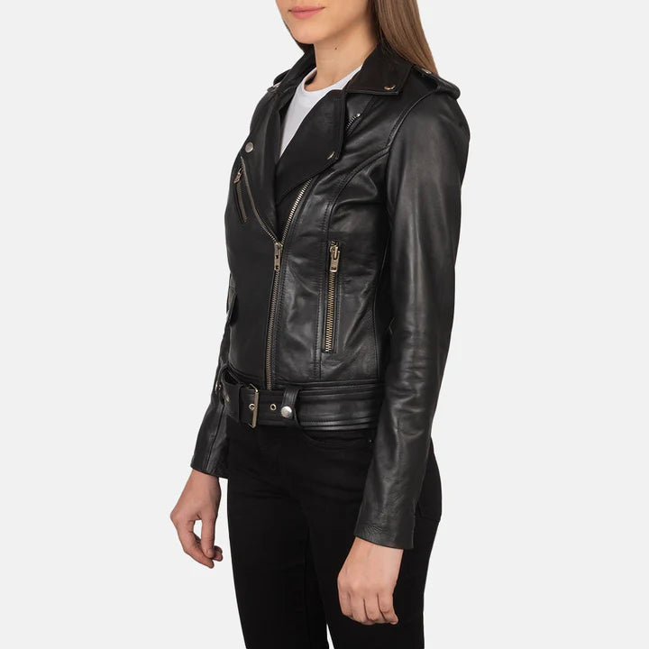 "Alison Black Leather Biker Jacket by MordenJacket – a sleek and modern biker jacket crafted from smooth black leather, featuring an asymmetrical front zip, snap lapels, and a flattering tailored fit for a confident, edgy look."
sholder pose