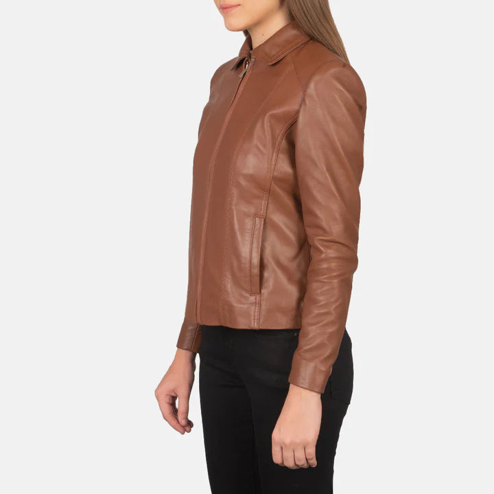 "Colette Brown Leather Jacket by MordenJacket – a chic and sophisticated brown leather jacket featuring a slim-fit design, smooth finish, and minimalist details, perfect for elevating everyday outfits with effortless elegance."
side pose