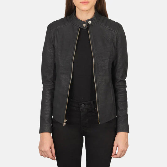 "Kelsee Distressed Black Leather Biker Jacket with zipper details and vintage distressed finish."