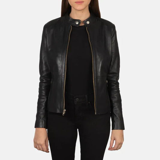 "Front view of Rave Black Leather Jacket made from real leather with sleek biker-style design."