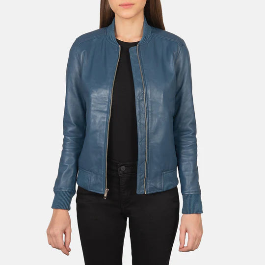 Blue Leather Bomber Jacket