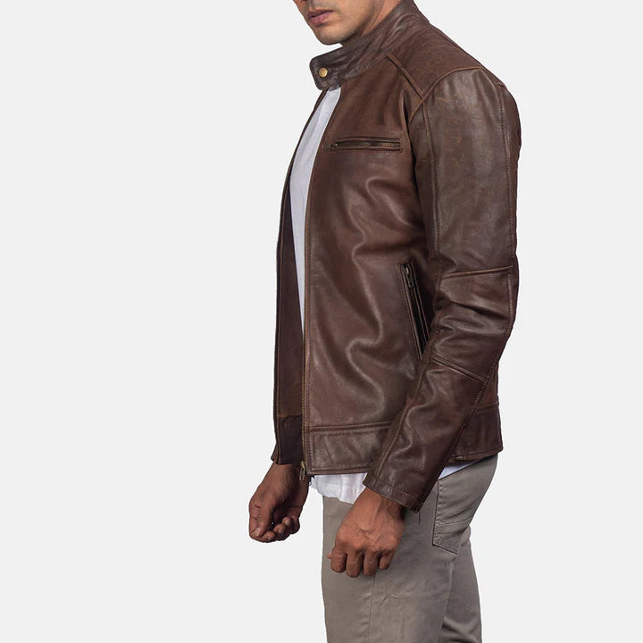 "Dean Brown Leather Biker Jacket by MordenJacket – a classic biker jacket in rich brown leather, featuring a vintage-inspired design with asymmetrical zippers, notch lapels, and a strong, masculine silhouette for timeless rebel style."
right side pose