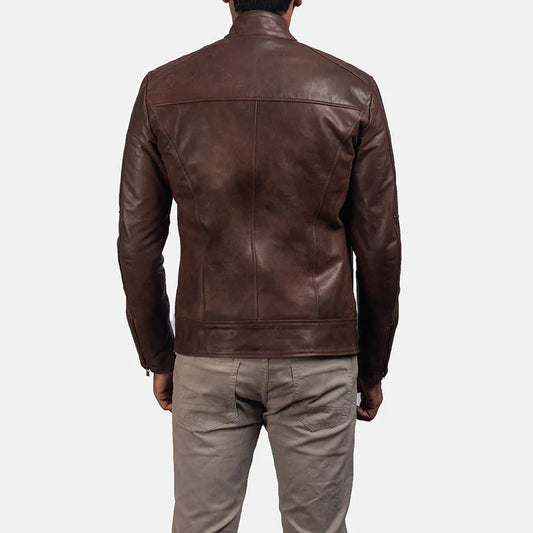 "Dean Brown Leather Biker Jacket by MordenJacket – a classic biker jacket in rich brown leather, featuring a vintage-inspired design with asymmetrical zippers, notch lapels, and a strong, masculine silhouette for timeless rebel style."
back pose