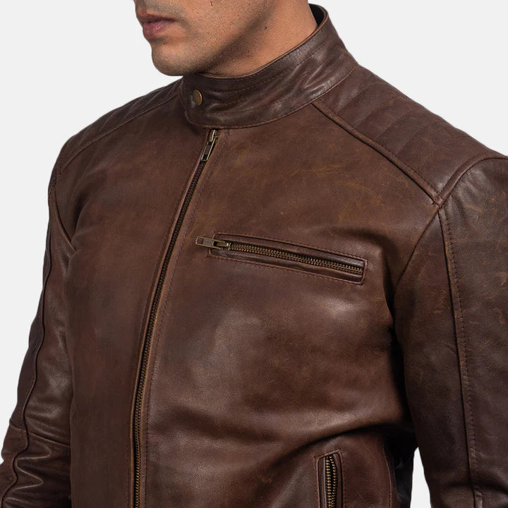 "Dean Brown Leather Biker Jacket by MordenJacket – a classic biker jacket in rich brown leather, featuring a vintage-inspired design with asymmetrical zippers, notch lapels, and a strong, masculine silhouette for timeless rebel style."
side pose