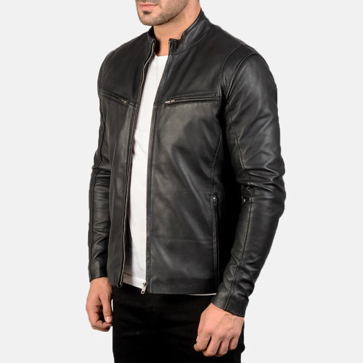 "Ionic Black Leather Jacket by MordenJacket – a modern black leather jacket with a minimalist design, tailored fit, smooth finish, and subtle detailing, perfect for a clean, contemporary style statement."
right side pose