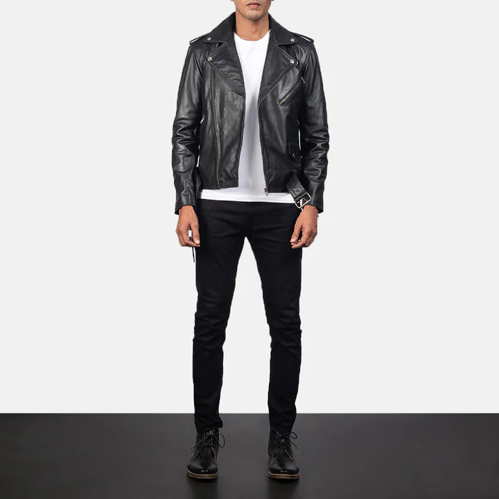 "Allaric Alley Black Leather Biker Jacket by MordenJacket – a bold, edgy biker jacket made from high-quality black leather, designed with asymmetrical zippers, quilted shoulders, and a fitted cut for a rebellious, street-smart look."