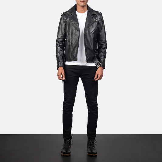 "Allaric Alley Black Leather Biker Jacket by MordenJacket – a bold, edgy biker jacket made from high-quality black leather, designed with asymmetrical zippers, quilted shoulders, and a fitted cut for a rebellious, street-smart look."
