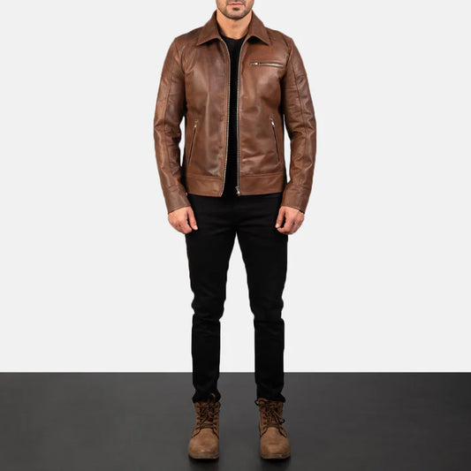  "Lavendard Brown Leather Biker Jacket by MordenJacket – a rugged yet refined biker jacket in rich brown leather, featuring asymmetrical zippers, classic lapels, and a slim, moto-inspired silhouette for a bold, timeless edge."