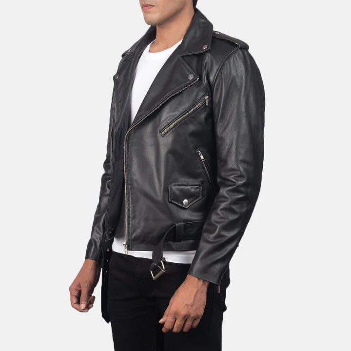 "Allaric Alley Black Leather Biker Jacket by MordenJacket – a bold, edgy biker jacket made from high-quality black leather, designed with asymmetrical zippers, quilted shoulders, and a fitted cut for a rebellious, street-smart look."
side pose