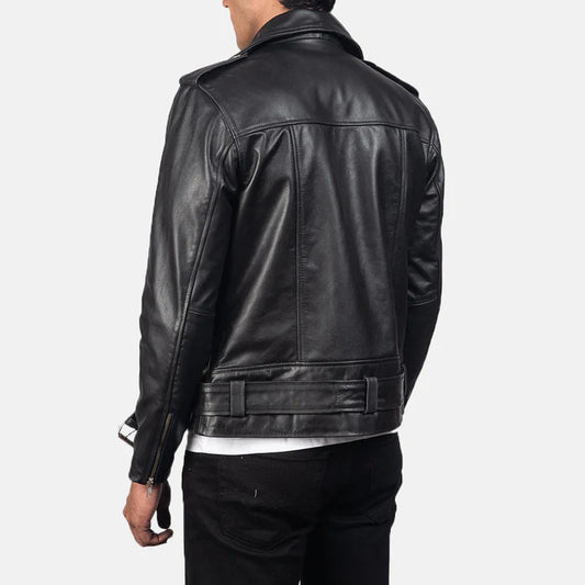 "Allaric Alley Black Leather Biker Jacket by MordenJacket – a bold, edgy biker jacket made from high-quality black leather, designed with asymmetrical zippers, quilted shoulders, and a fitted cut for a rebellious, street-smart look."
back pose