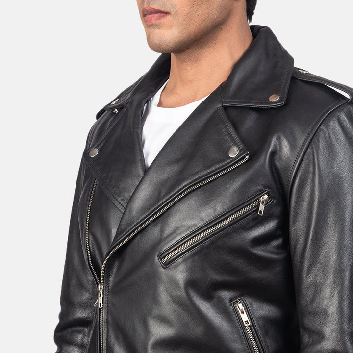 "Allaric Alley Black Leather Biker Jacket by MordenJacket – a bold, edgy biker jacket made from high-quality black leather, designed with asymmetrical zippers, quilted shoulders, and a fitted cut for a rebellious, street-smart look."
side zoom pose