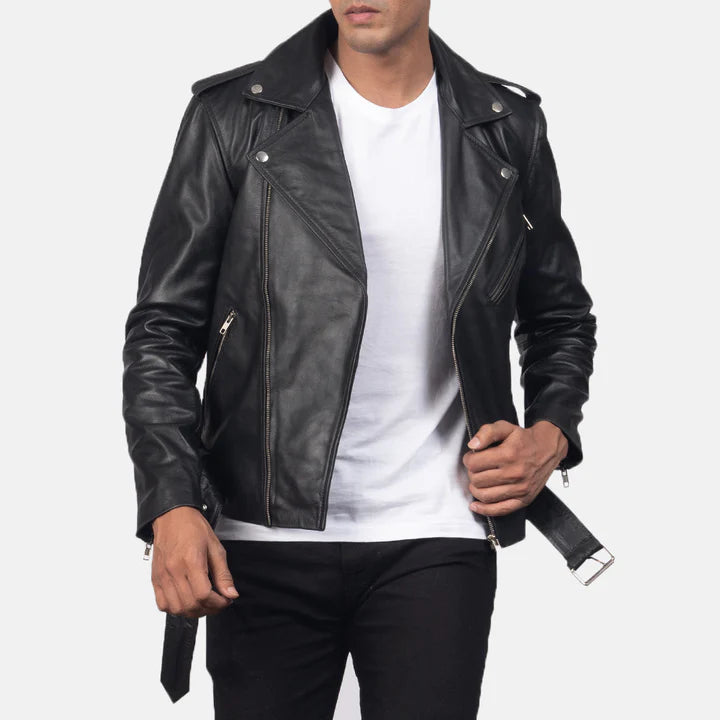 "Allaric Alley Black Leather Biker Jacket by MordenJacket – a bold, edgy biker jacket made from high-quality black leather, designed with asymmetrical zippers, quilted shoulders, and a fitted cut for a rebellious, street-smart look."