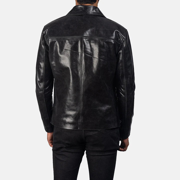 "Mystical Black Leather Jacket by MordenJacket – a sleek, modern black leather jacket featuring a tailored fit, premium stitching, and a bold, mysterious vibe perfect for edgy streetwear or elevated casual style."
back pose