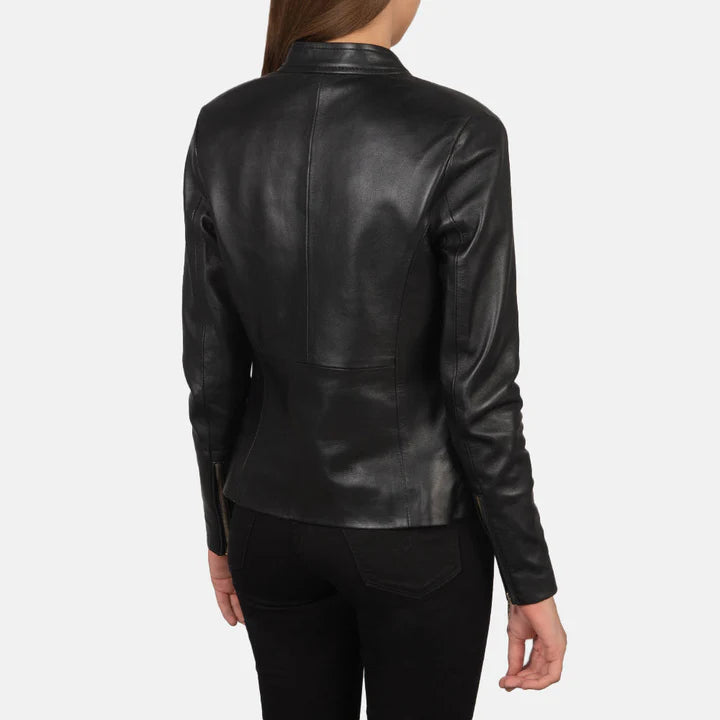 "Rave Black Leather Jacket by MordenJacket – a striking black leather jacket with a modern edge, featuring clean lines, a tailored fit, and subtle detailing that brings confident, contemporary style to any outfit."
back pose