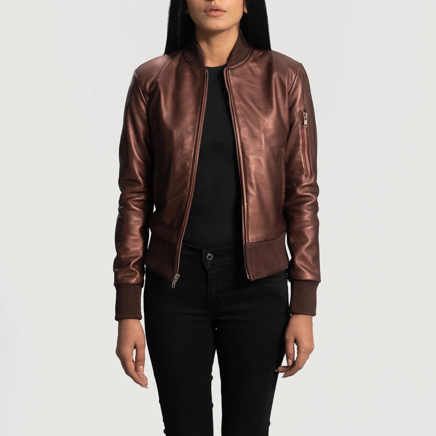 "Reida Maroon Leather Jacket by MordenJacket – a striking maroon leather jacket featuring a sleek silhouette, refined stitching, and modern hardware, offering a bold blend of elegance and edge for standout style."
front pose