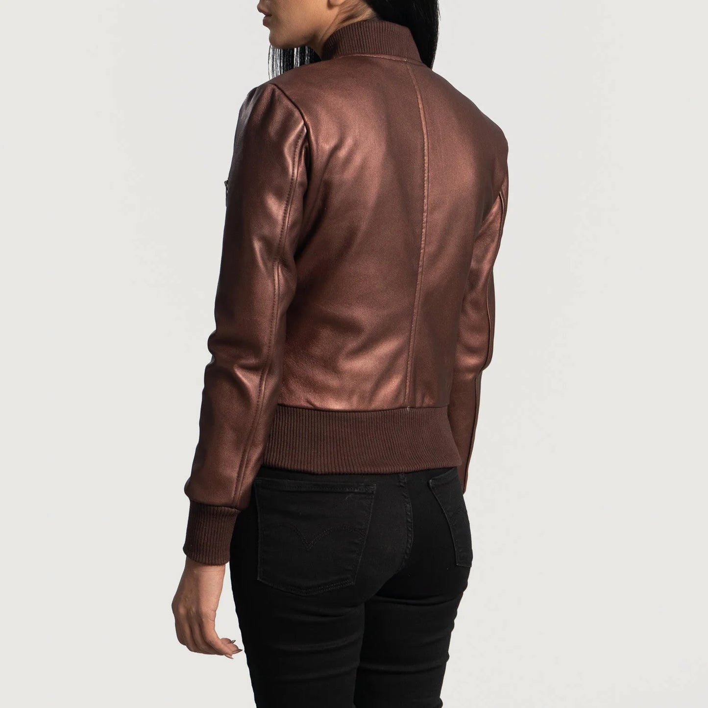 "Reida Maroon Leather Jacket by MordenJacket – a striking maroon leather jacket featuring a sleek silhouette, refined stitching, and modern hardware, offering a bold blend of elegance and edge for standout style."
back pose