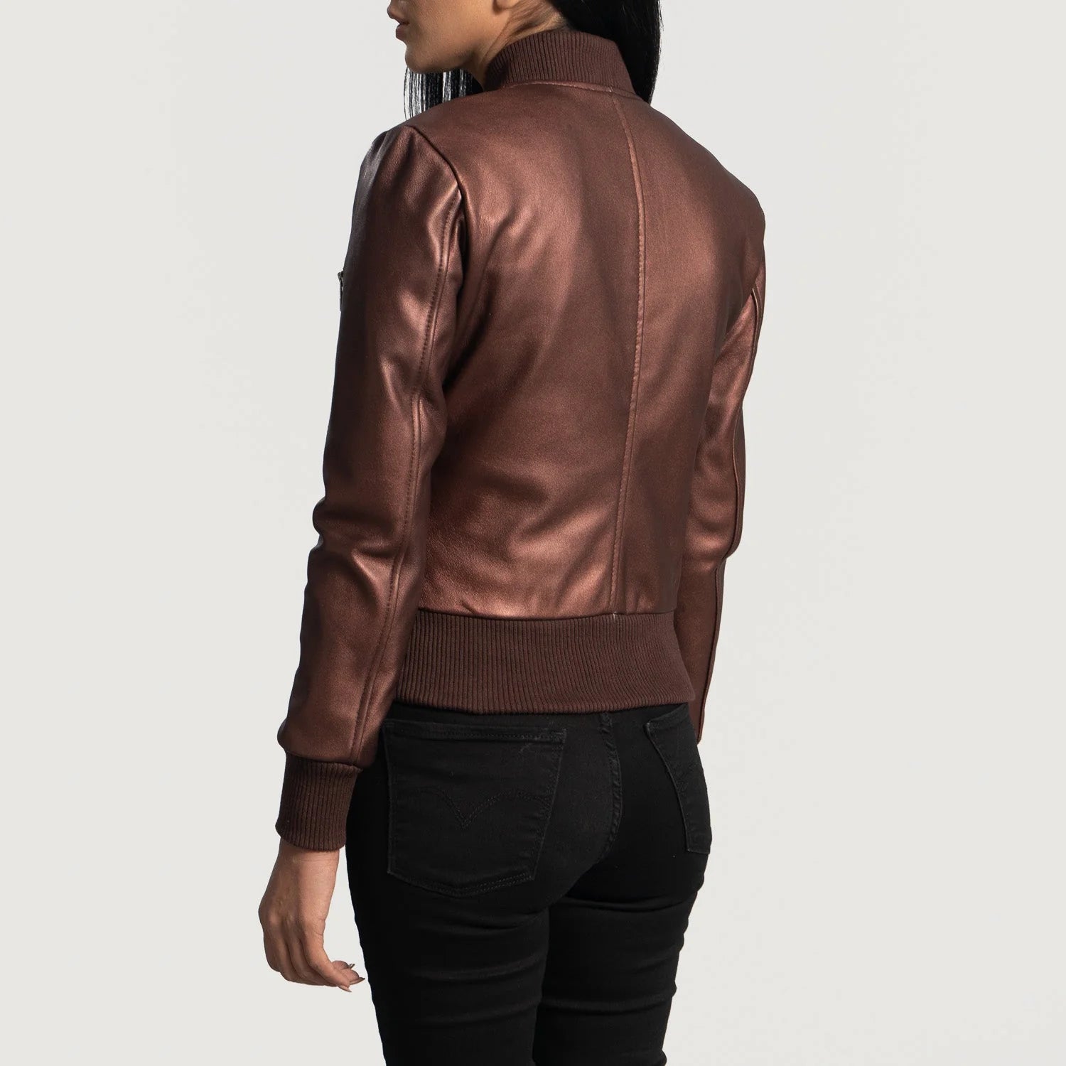 "Reida Maroon Leather Jacket by MordenJacket – a striking maroon leather jacket featuring a sleek silhouette, refined stitching, and modern hardware, offering a bold blend of elegance and edge for standout style."
back pose