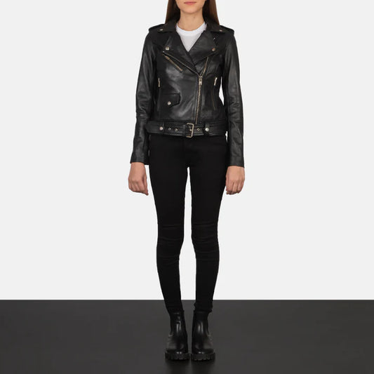 "Alison Black Leather Biker Jacket by MordenJacket – a sleek and modern biker jacket crafted from smooth black leather, featuring an asymmetrical front zip, snap lapels, and a flattering tailored fit for a confident, edgy look."