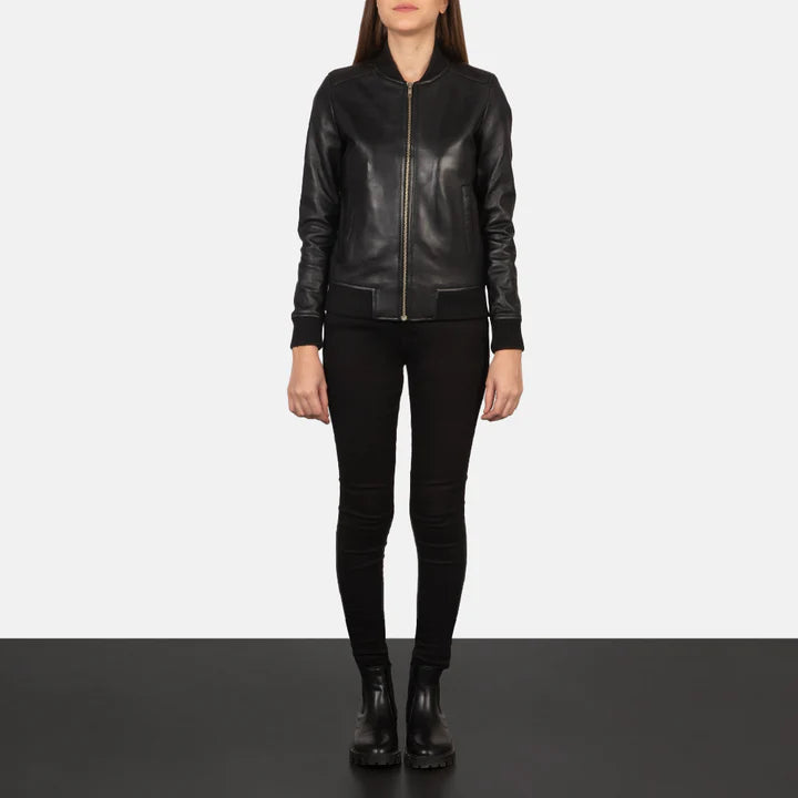 "Bliss Black Leather Bomber Jacket by MordenJacket – a contemporary black leather bomber featuring a smooth finish, ribbed cuffs and hem, and a relaxed yet structured fit for a perfect balance of comfort and cool."